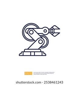 A simple line drawing of an industrial robotic arm with a gripper, representing automation and technology in manufacturing processes.