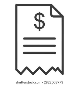 Simple line drawing of invoice receipt with dollar sign, lines for text, and jagged bottom edge