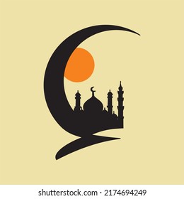 Simple line drawing of islamic ornament with lanterns set, Crescent moon, star and silhouette of the mosque. Eid Mubarok greeting card, Ramadhan Kareem poster, banner design. Editable eps. 10