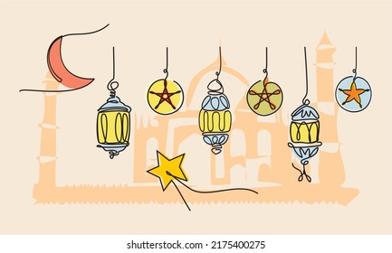 Sencilla línea de adorno islámico con lámparas puestas, luna creciente, estrella y silueta de la mezquita. Tarjeta de saludo de Eid Mubarok, afiche de Ramadhan Kareem, diseño de pancartas. Pasos editables. 10