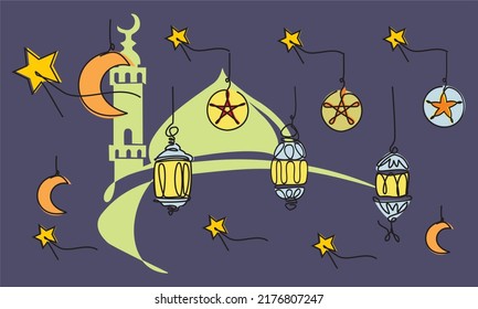 Simple line drawing of islamic ornament with lanterns set, Crescent moons, stars and silhouette of the mosque. Eid Mubarok greeting card, Ramadhan Kareem poster, banner design. Editable eps.