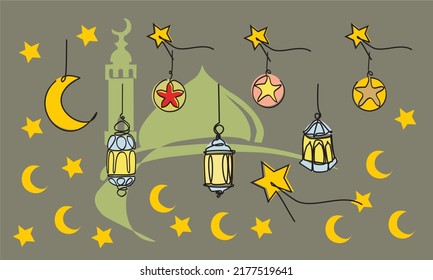 Simple line drawing of islamic ornament with lanterns set, Crescent moons, stars and silhouette of the mosque. Eid Mubarok greeting card, Ramadhan Kareem poster, banner design. Editable eps.