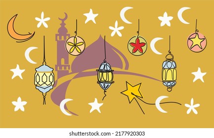 Simple line drawing of islamic ornament with lanterns set, Crescent moons, stars and silhouette of the mosque. Eid Mubarok greeting card, Ramadhan Kareem poster, banner design. Editable eps.