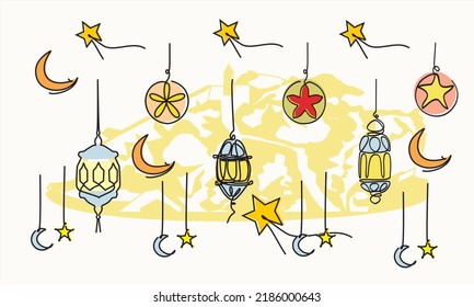 Simple line drawing of islamic ornament with lanterns set, crescent moons, stars and silhouette of MOUNT ARAFAT - JABAL RAHMAH. Eid Mubarok greeting card, Ramadhan Kareem poster, banner design. Eps 10