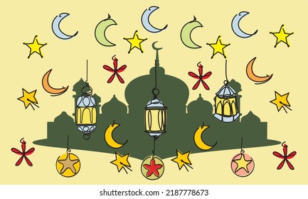 Einfache Linienzeichnung islamischer Ornamente mit Laternen Set, Crescent Mond, Stern und Moschee Silhouette. Hijri Monat, Feier, Eid Mubarok Grußkarte, Ramadhan Kareem Poster. Bearbeitbares Design.