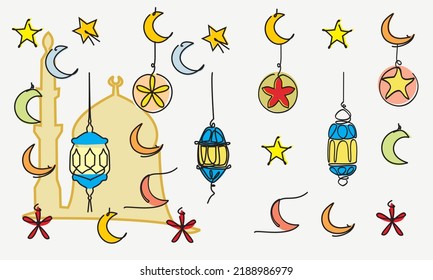 Simple line drawing of islamic ornament with lanterns, crescent moons, stars and silhouette of the mosque. Hijri month, Celebration, Eid Mubarok greeting card, Ramadhan Kareem poster. Editable design.