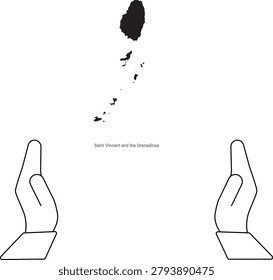 A simple line drawing of the island nation of Grenada, depicted as a map outline, is shown above two open hands, suggesting care and protection.