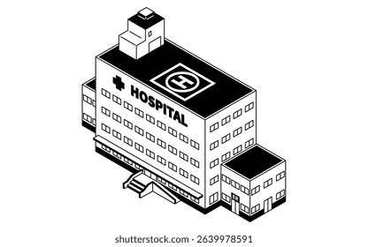 Simple line drawing isometric illustration of an emergency hospital with doctor helipad, black and white, Vector Illustration