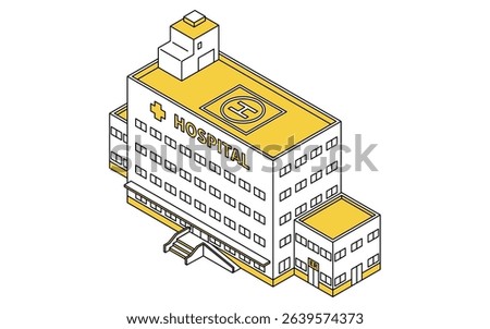 Simple line drawing isometric illustration of an emergency hospital with doctor helipad, Vector Illustration
