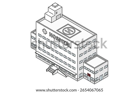 Simple line drawing isometric illustration of an emergency hospital with doctor helipad, Vector Illustration