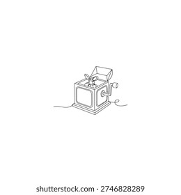 A simple line drawing of a jack-in-the-box toy with its lid open and a figure popping out.