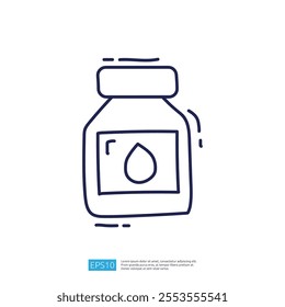 A simple line drawing of a jar with a drop symbol, likely representing a liquid product, possibly for health or beauty purposes.
