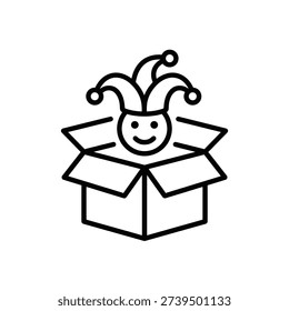 A simple line drawing of a jester popping out of a cardboard box