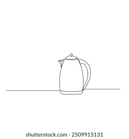 Un simple dibujo de línea de una tetera con tapa, mango y pico, colocada sobre una superficie plana. El diseño es minimalista y limpio, adecuado para ilustrar electrodomésticos de cocina