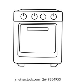 Um simples desenho de linha de um forno de cozinha com quatro botões em cima, isolado em um fundo branco.