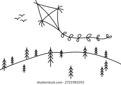 Um simples desenho de linha de uma pipa voando sobre uma colina com árvores e pássaros no céu