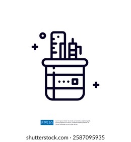 A simple line drawing of a laboratory beaker filled with liquids and various laboratory tools, representing scientific experimentation and research.