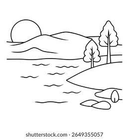 Simple line drawing of a landscape with a lake, trees, hills, and a setting sun. Minimalist nature illustration.