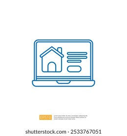 Um simples desenho de linha de um laptop exibindo um ícone e texto da casa, representando web design ou serviços digitais relacionados a serviços imobiliários ou domésticos.