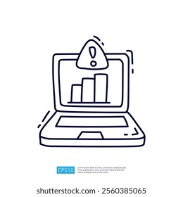 A simple line drawing of a laptop displaying a warning symbol and a bar graph, symbolizing alerts or issues related to data analysis or performance metrics.