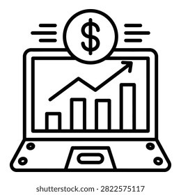 A simple line drawing of a laptop displaying a growing graph with a dollar sign above, representing financial growth and online success in business and finance