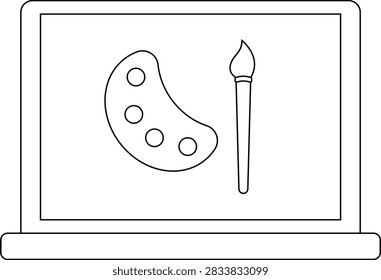 A simple line drawing of a laptop displaying a painters palette and a paintbrush, symbolizing digital art and creativity.