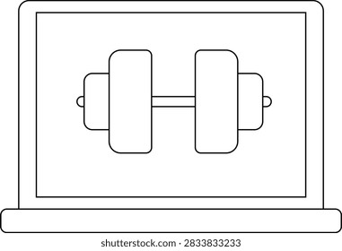 A simple line drawing of a laptop screen showing a dumbbell symbol, representing online fitness or digital workout programs.