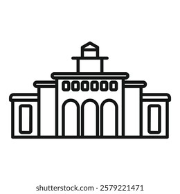 Simple line drawing of a large building facade with columns and windows, could be a government building, school, or other civic structure