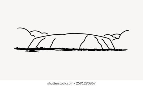 Simple line drawing of a large rock formation with clouds. Minimalist rock illustration with clouds. Black and white rock and cloud sketch. Vector illustration.