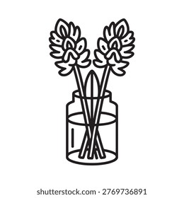 Simple line drawing of lavender sprigs in a glass bottle
