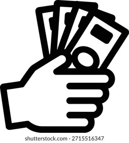 Um simples desenho a uma linha de uma mão esquerda segurando várias notas retangulares ou pedaços de papel-moeda.