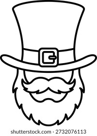 Um simples desenho de linha do rosto de um duende, com uma cartola, barba e bigode, simbolizando o folclore irlandês e as celebrações do Dia de São Patrício.