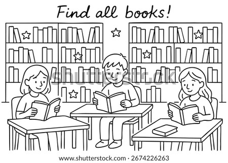 Simple line drawing of a library with bookshelves and children reading including hidden books for kids puzzle.