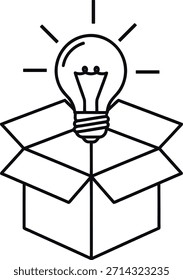 Un simple dibujo de línea de una bombilla que sale de una caja de cartón abierta con líneas que irradian desde la bombilla, simbolizando una idea creativa, sobre un fondo blanco puro