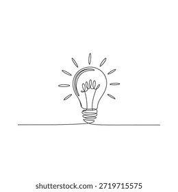 Desenho de linha simples de uma lâmpada com linhas radiantes representando a iluminação