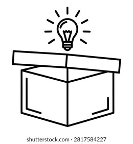 A simple line drawing of a lightbulb with rays emerging from an open gift box isolated on transparent background