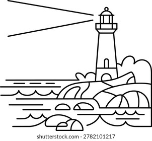 A simple line drawing of a lighthouse on a rocky coastline with waves and a.