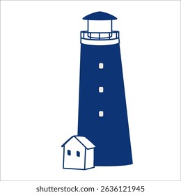 Simple line drawing of a lighthouse, silhouetted on a white background. 