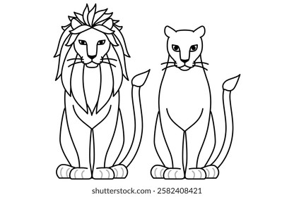 Simple line drawing of a lion facing front, male and female, Vector Illustration