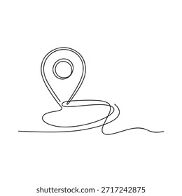 Simple line drawing of a location pin with a winding trail beneath it
