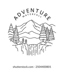 A simple line drawing logo depicting a waterfall in a mountain landscape with a forest in the foreground.