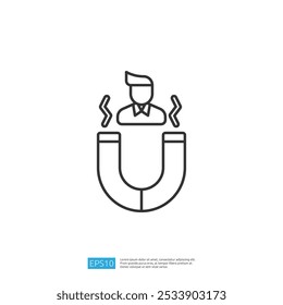 A simple line drawing of a magnet attracting a person, symbolizing the concept of attraction or influence in a visual format.