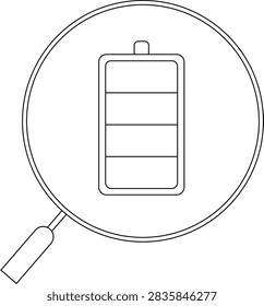 A simple line drawing of a magnifying glass focused on a battery icon representing power or energy levels
