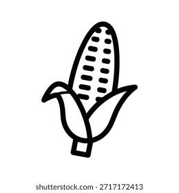 Desenho em linha simples de maçaroca de milho com folhas e miolo. Milho na espiga. Ícone vetorial da agricultura. Ilustração em preto e branco da comida. Vegetal. Colheita e tema de outono.