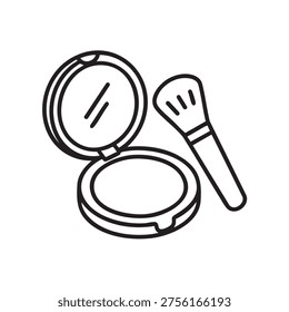 A simple line drawing of a makeup compact with a mirror and a makeup brush, both in black lines on a white background