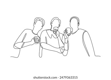 SImple line drawing of man drinking together at a cool hangout. Happy people eating, talking at home and restaurants parties, hangouts with food and drinks. Flat graphic vector illustrations isolated 