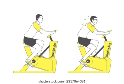 simple line drawing of a man exercising on an exercise bike, a two-color illustration set. Health, Diet, Beauty.