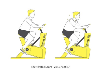 simple line drawing of a man exercising on an exercise bike, a two-color illustration set. Health, Diet, Beauty.