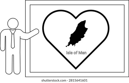 A simple line drawing of a man pointing to a heart shape containing the map of the Isle of Man.