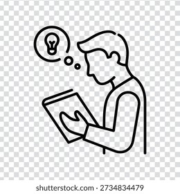 A simple line drawing of a man reading a book with a lightbulb thought bubble, symbolizing inspiration and knowledge.